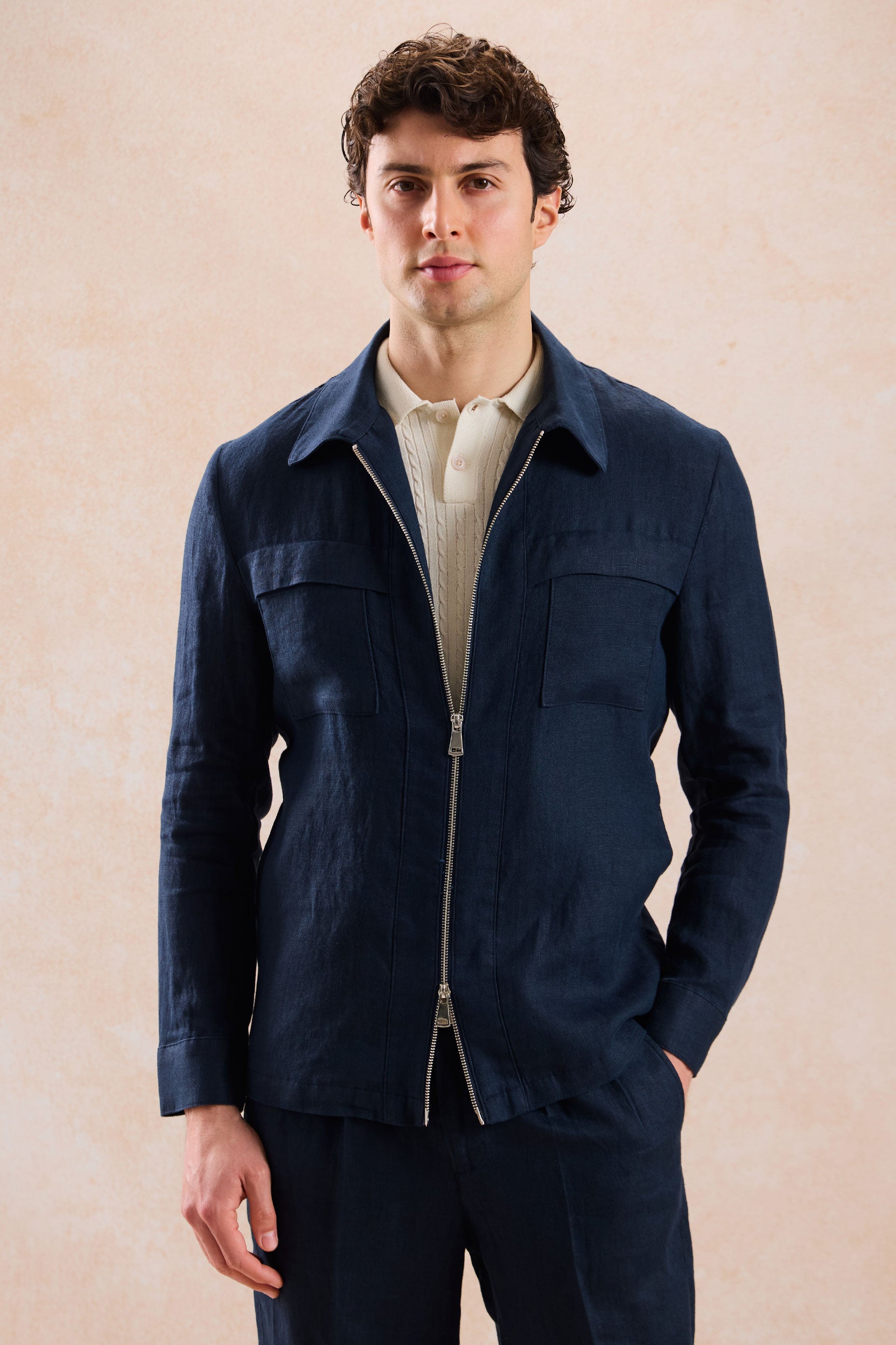 Men’s Navy Linen Zip-Up Shirt Jacket Lightweight Summer Overshirt