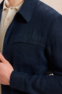 Men’s Navy Linen Zip-Up Shirt Jacket Lightweight Summer Overshirt