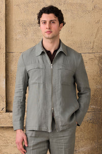 Men’s Sage Green Linen Zip-Up Shirt Jacket Lightweight Summer Overshirt