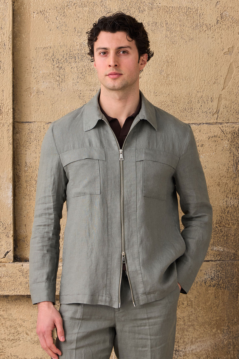 Men’s Sage Green Linen Zip-Up Shirt Jacket Lightweight Summer Overshirt