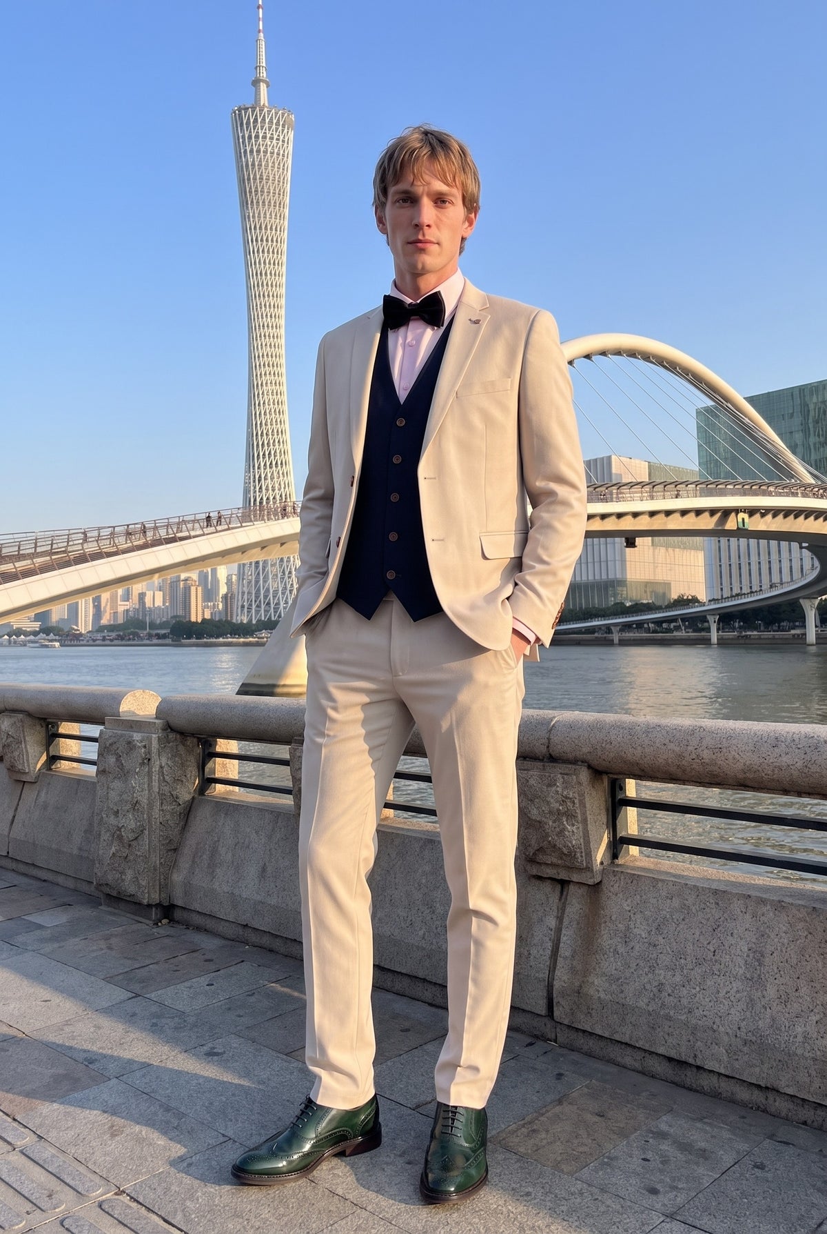 Look #999 styled with Mayfair - Men's 3 Piece Cream Suit With Navy Waistcoat