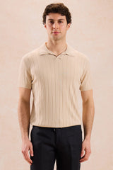 Men’s Beige Ribbed Knit Polo Shirt