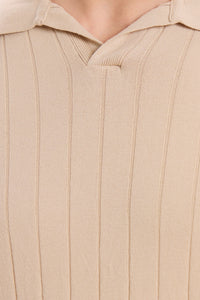 Men’s Beige Ribbed Knit Polo Shirt