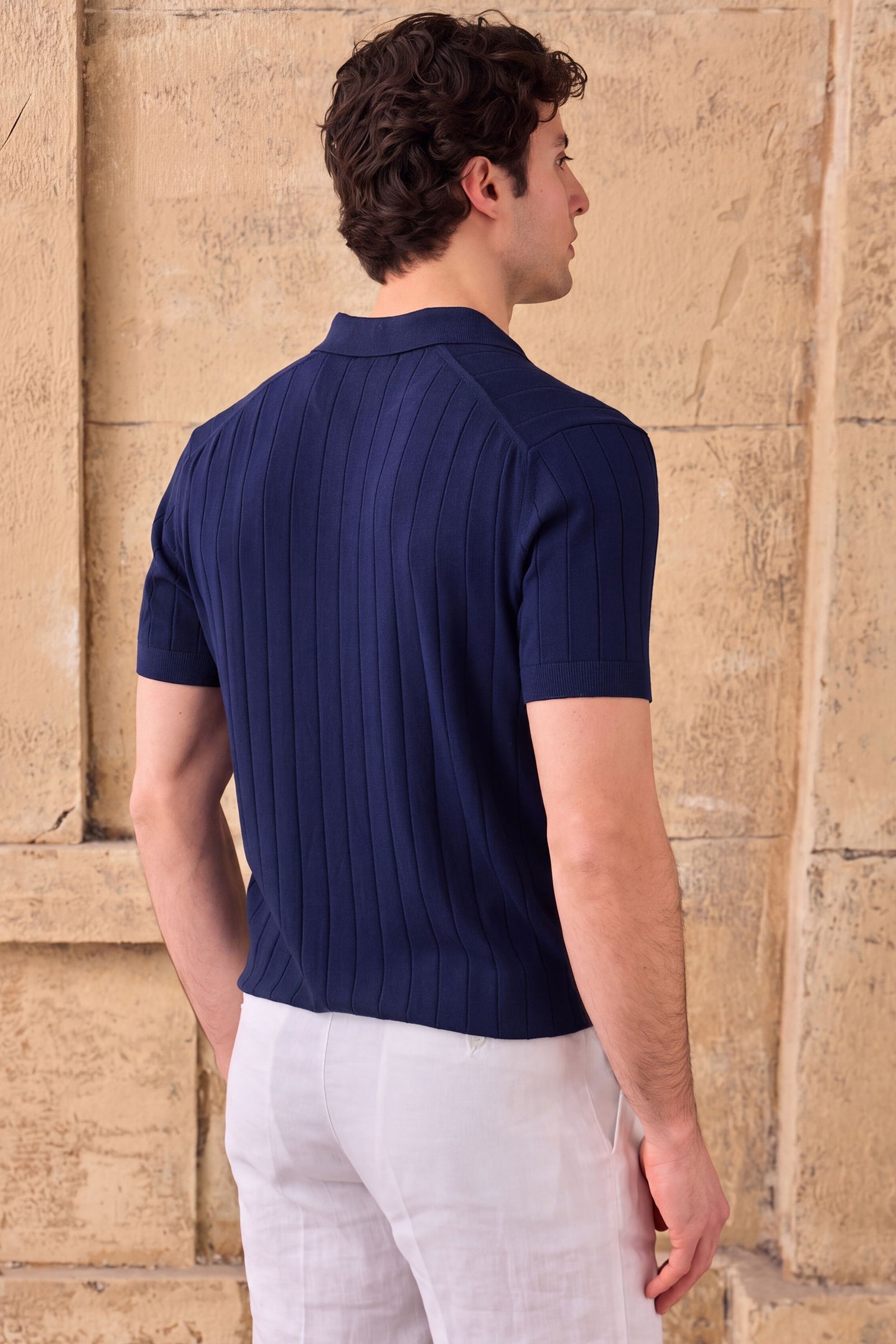 Men’s Dark Navy Ribbed Knit Polo Shirt