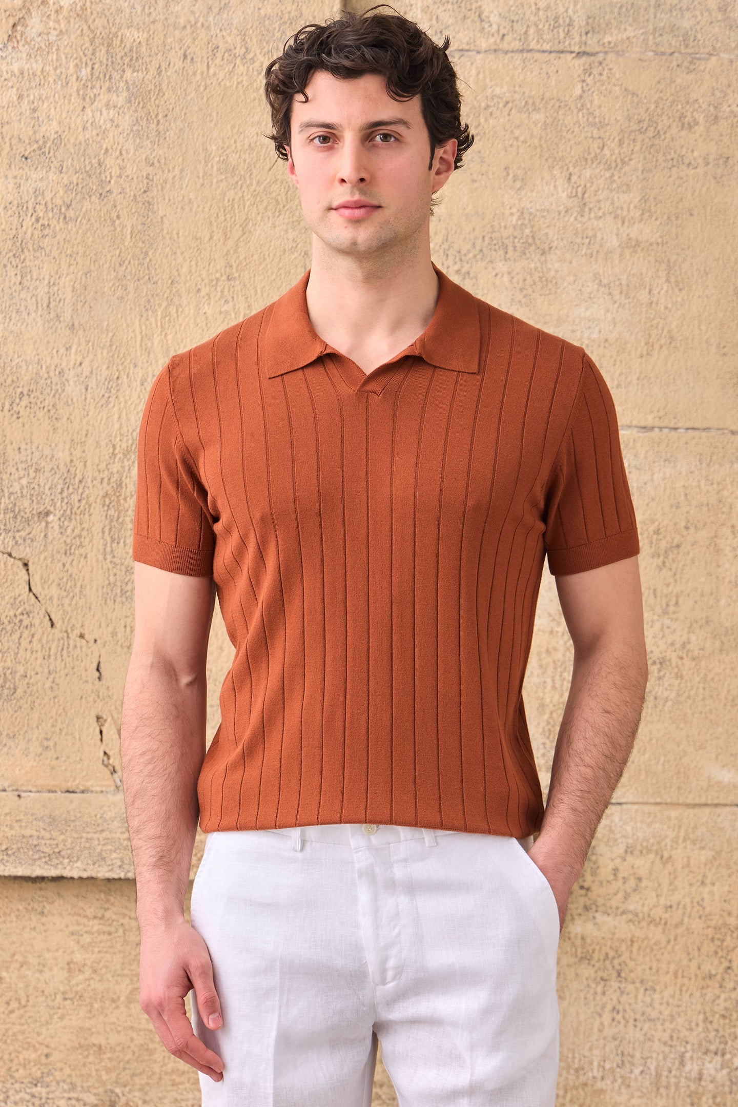 Men’s Rust Orange Ribbed Knit Polo Shirt