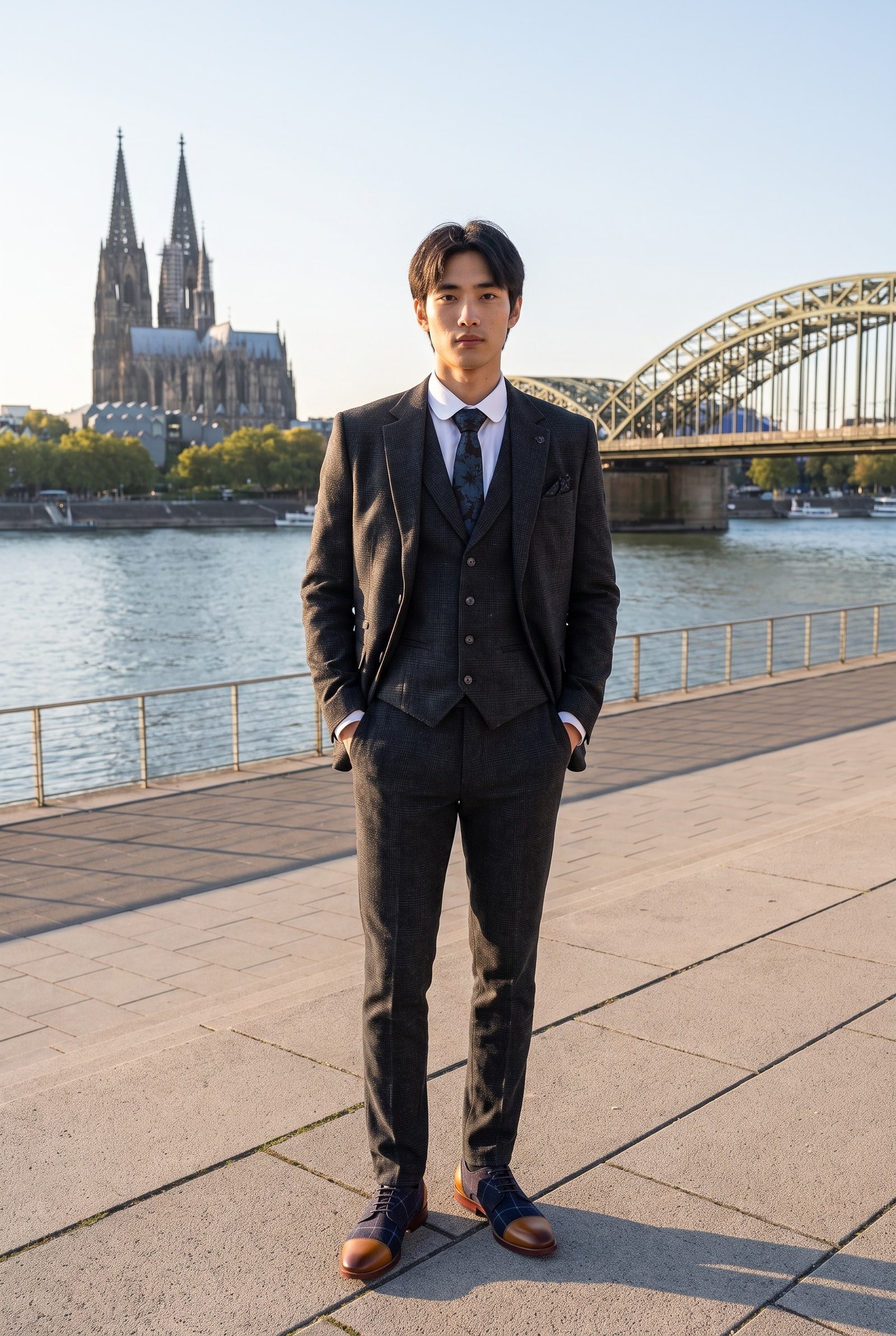 Look #938 styled with Men's Black Glen Check 3 Piece Suit