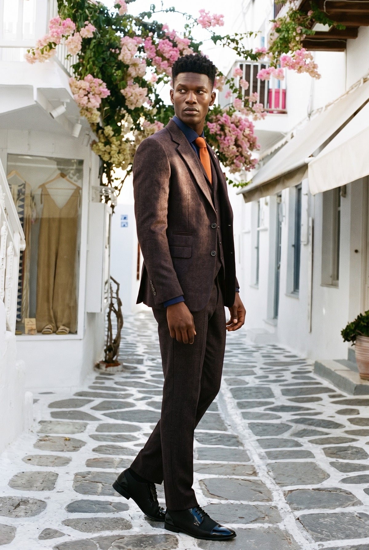 Look #993 styled with Men's Plum Herringbone Tweed 3 Piece Suit