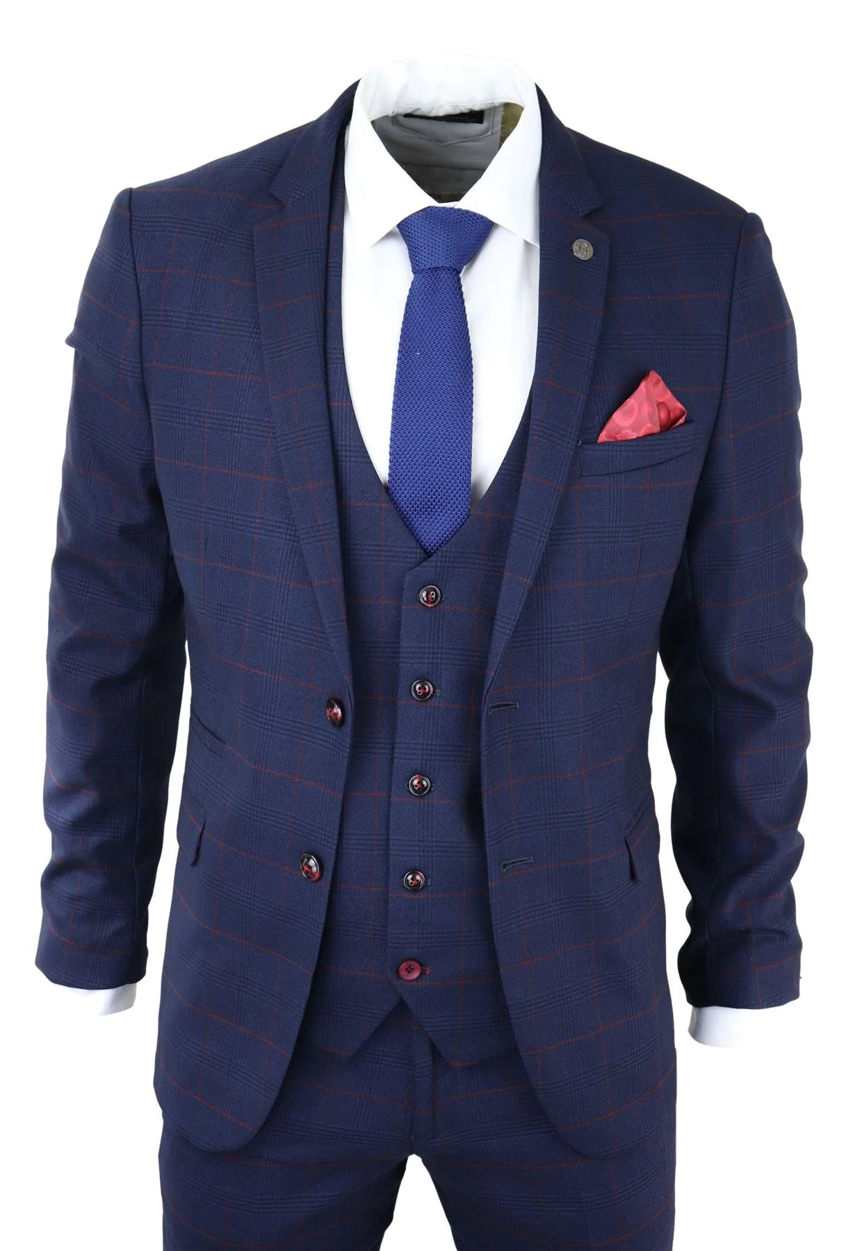 Mens Navy Check 3 Piece Suit Red Edinson Marc Darcy Classic Vintage Wedding