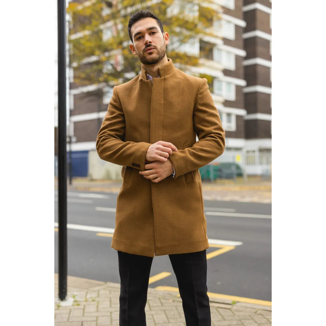Men's Stand Collar Wool Blend Tan Overcoat