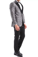Mens Silver Floral Black Tuxedo Suit 3 Piece Wedding Prom Party Grooms Ceremony