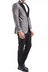 Mens Silver Floral Black Tuxedo Suit 3 Piece Wedding Prom Party Grooms Ceremony