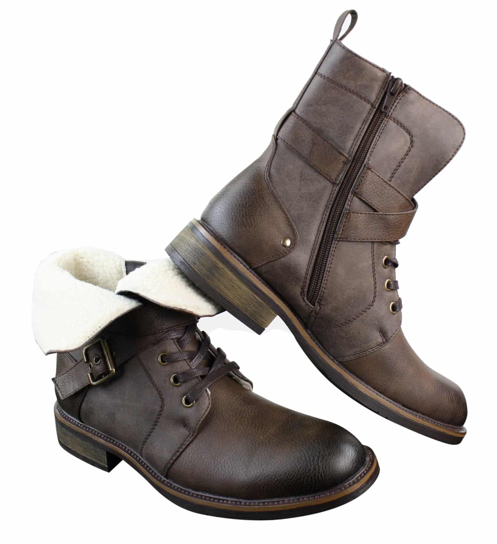 Mens Punk Rock Goth Emo Biker Ankle Boots Leather Buckle Fur Fleece Lined