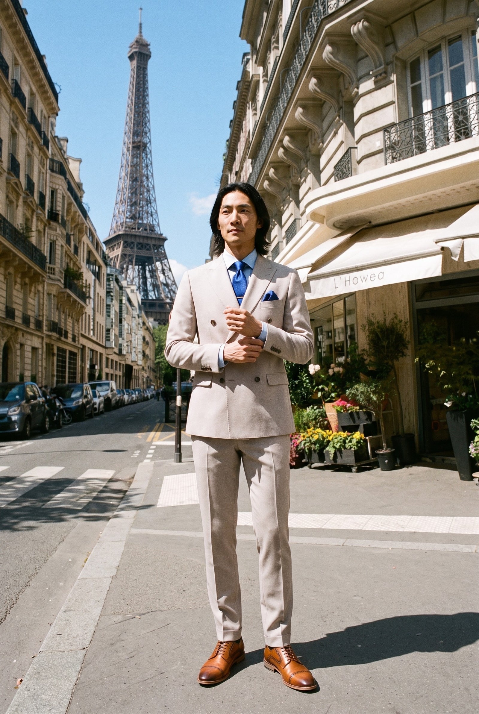 Look #654 styled with Mayfair - Men's Stone 2 Piece Double Brested Suit