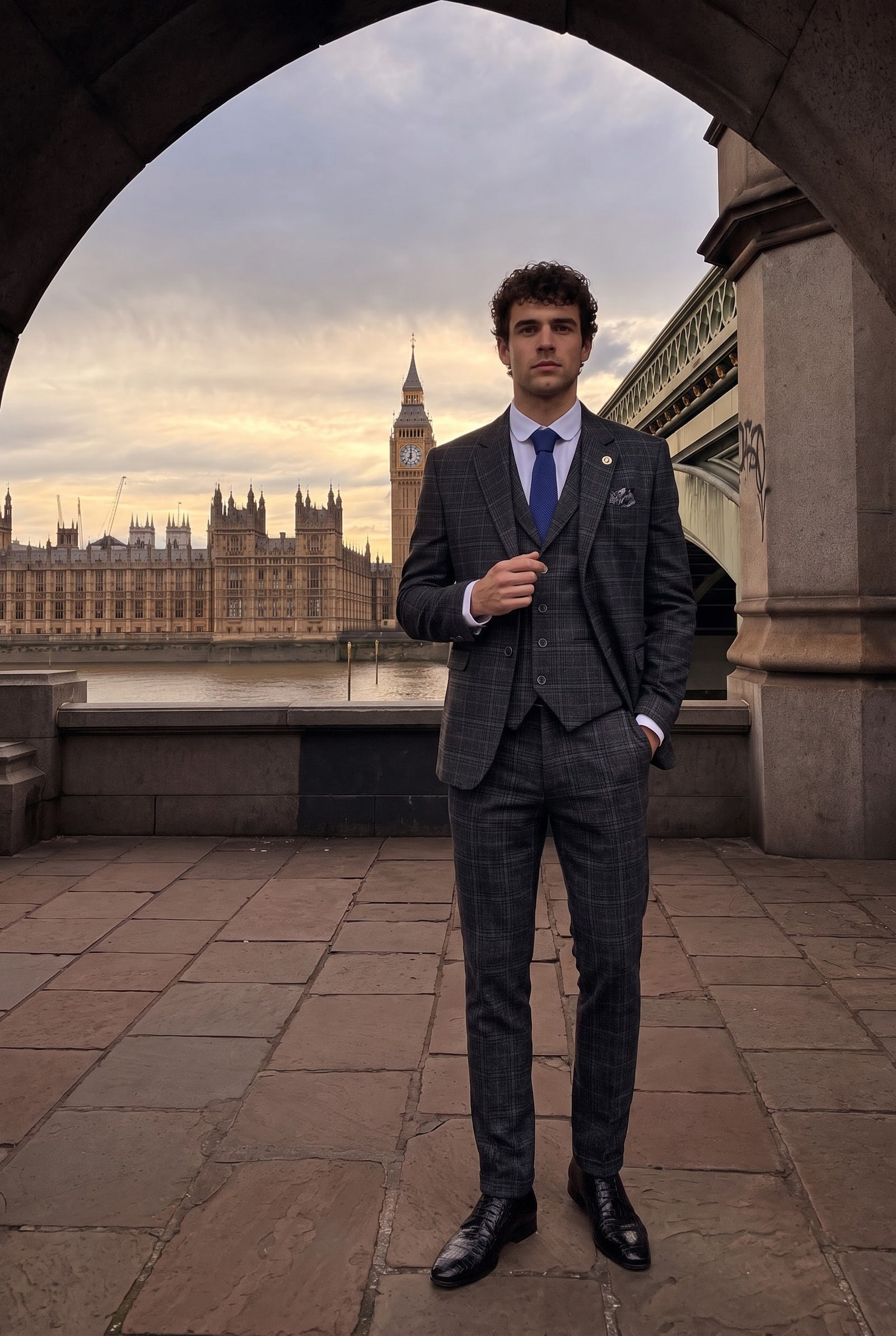 Look #323 styled with Men's Grey Tartan Check 3 Piece Suit