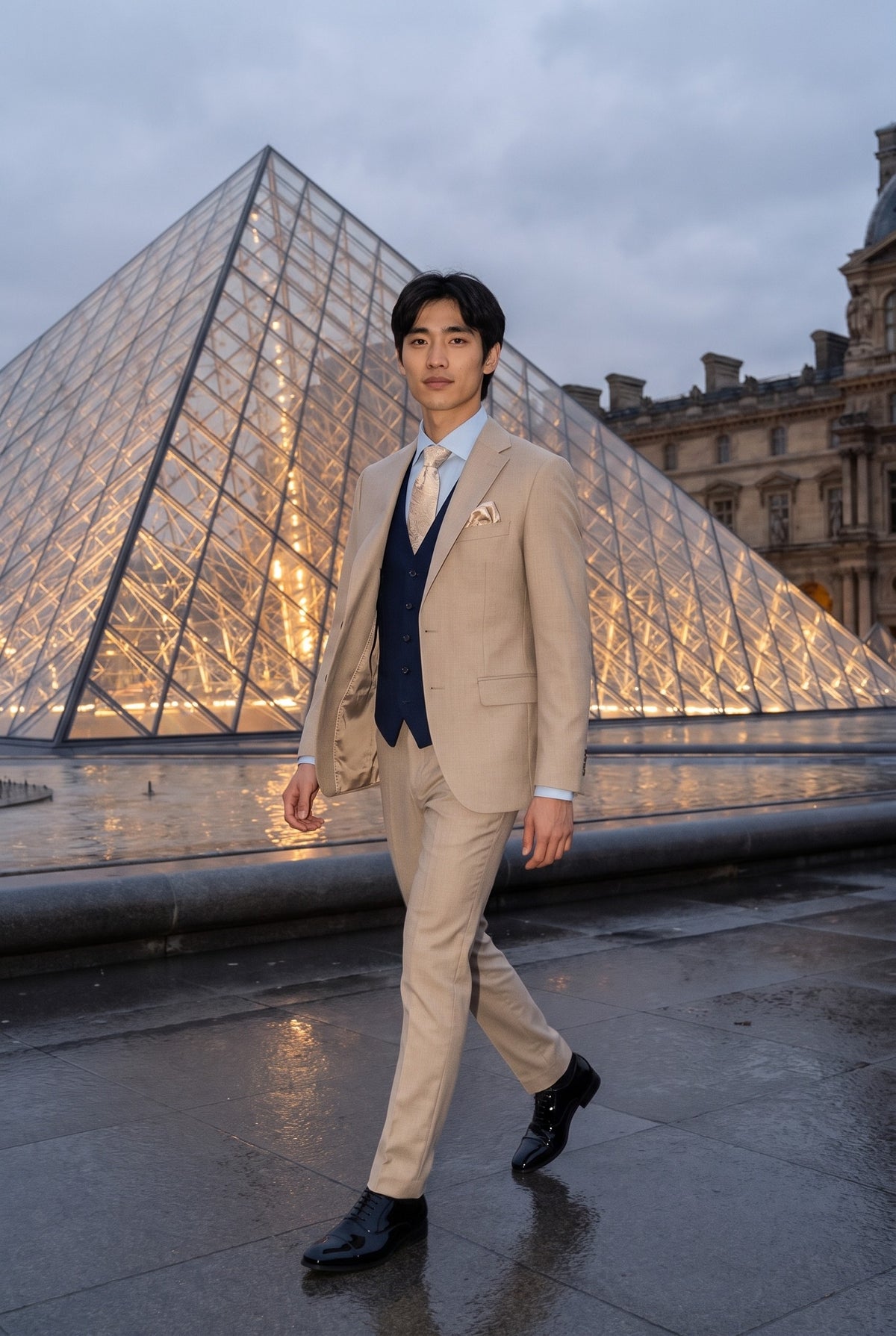 Look #1000 styled with Mayfair - Men's 3 Piece Cream Suit With Navy Waistcoat