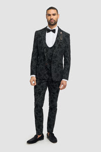 Mens Black 3 Piece Paisley Velvet Suit