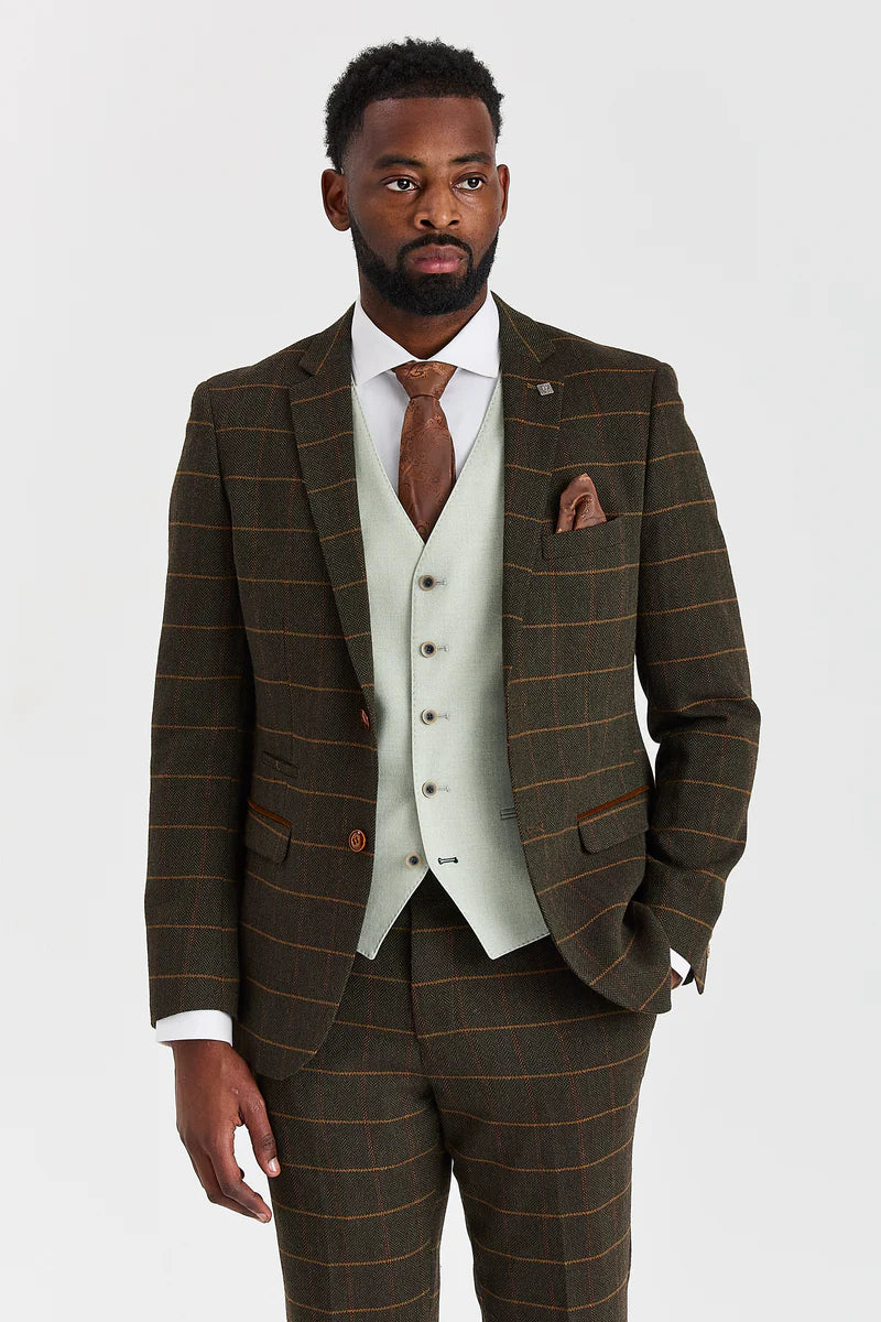 Harris Green Check Tweed Suit with Belmont Sage Contrasting Waistcoat