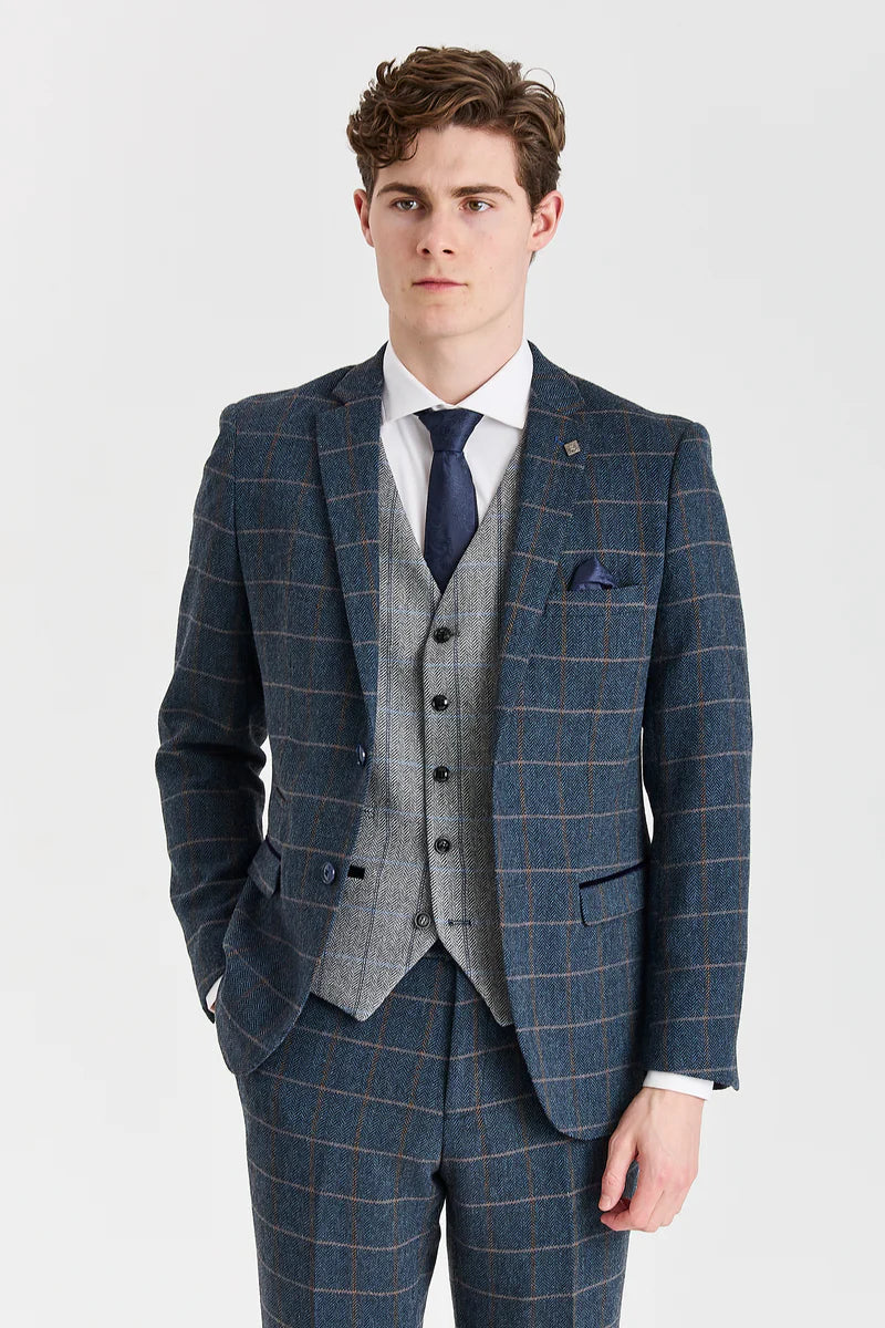 Harris Navy Tweed Suit with Harris Contrasting Grey Tweed Waistcoat