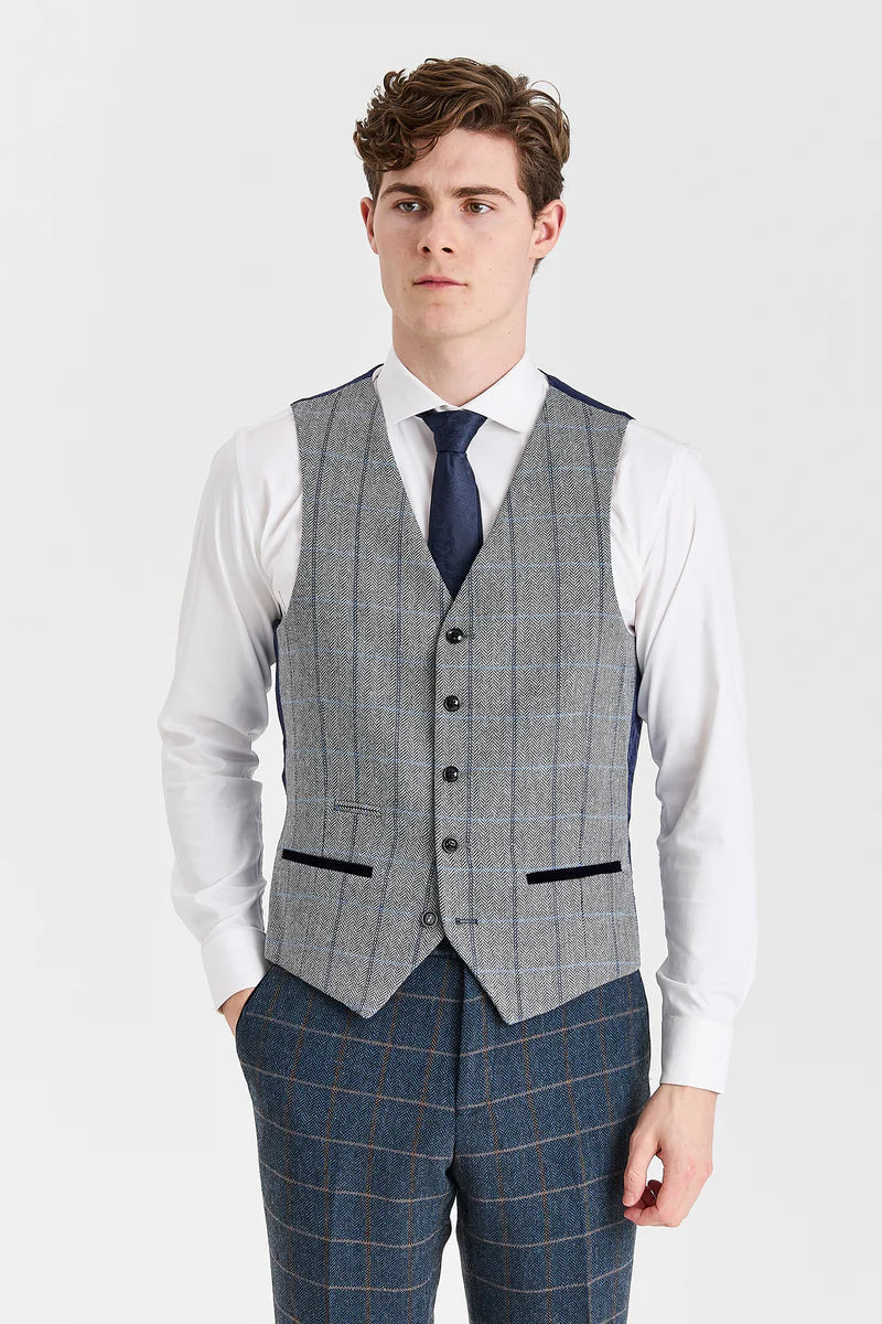 Harris Navy Tweed Suit with Harris Contrasting Grey Tweed Waistcoat