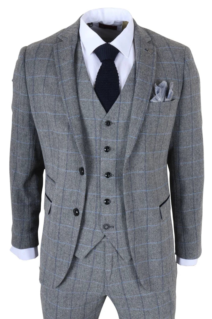 Harris - Men's Grey 3 Piece Herringbone Check Tweed Suit