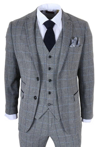 Harris - Men's Grey 3 Piece Herringbone Check Tweed Suit