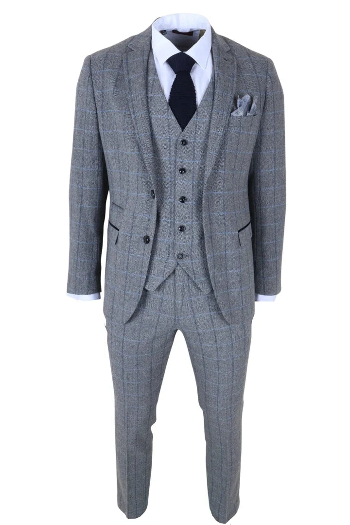 Harris - Men's Grey 3 Piece Herringbone Check Tweed Suit