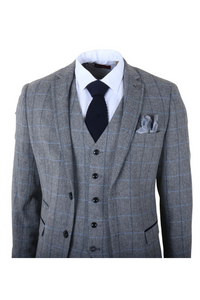 Harris - Men's Grey 3 Piece Herringbone Check Tweed Suit