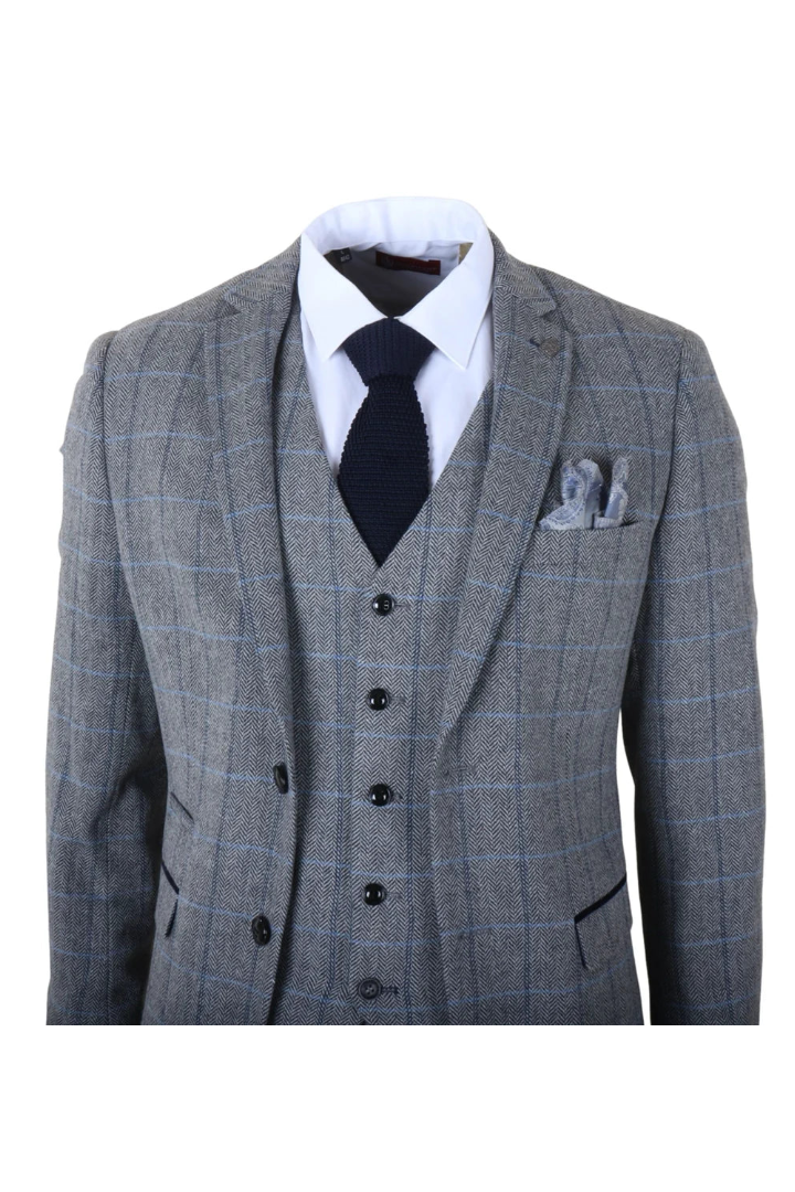 Harris - Men's Grey 3 Piece Herringbone Check Tweed Suit