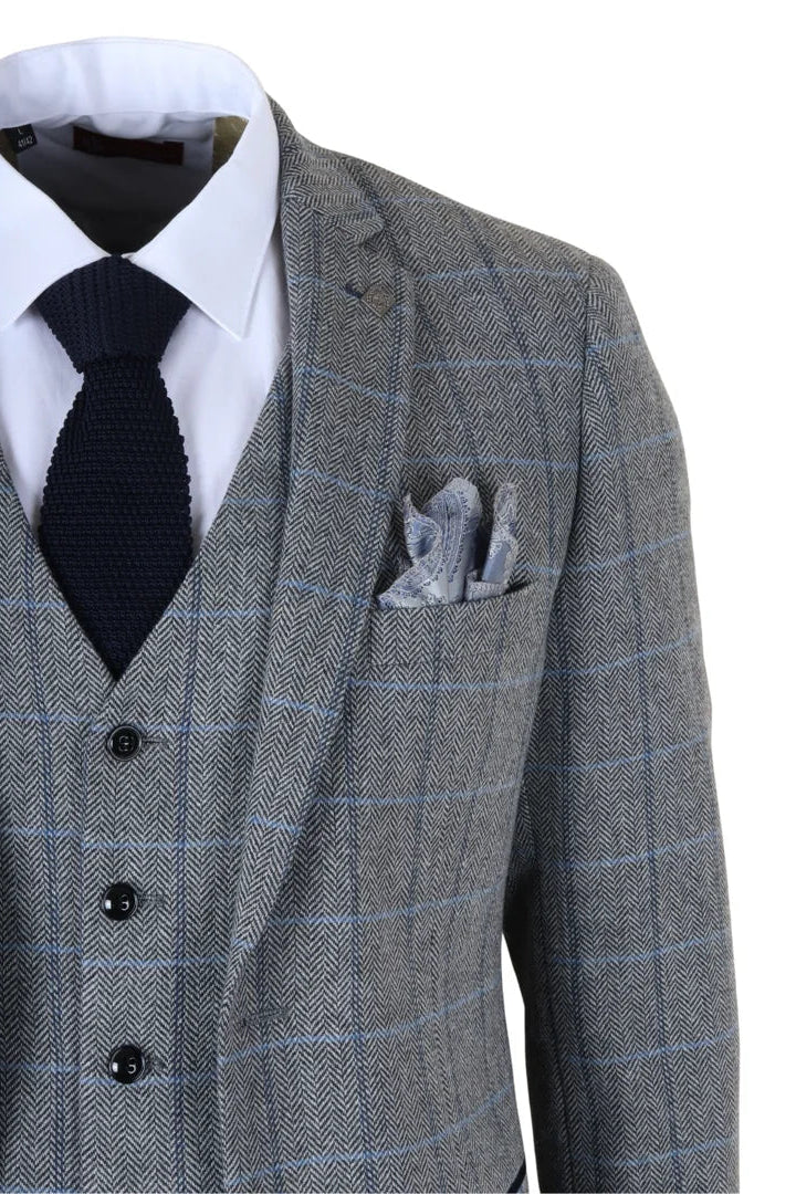 Harris - Men's Grey 3 Piece Herringbone Check Tweed Suit
