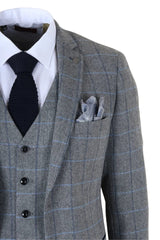 Harris - Men's Grey 3 Piece Herringbone Check Tweed Suit