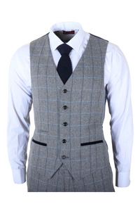 Harris - Men's Grey 3 Piece Herringbone Check Tweed Suit