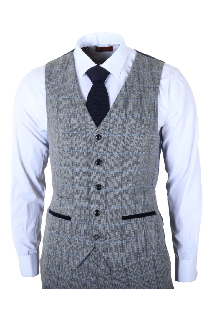 Harris - Men's Grey 3 Piece Herringbone Check Tweed Suit