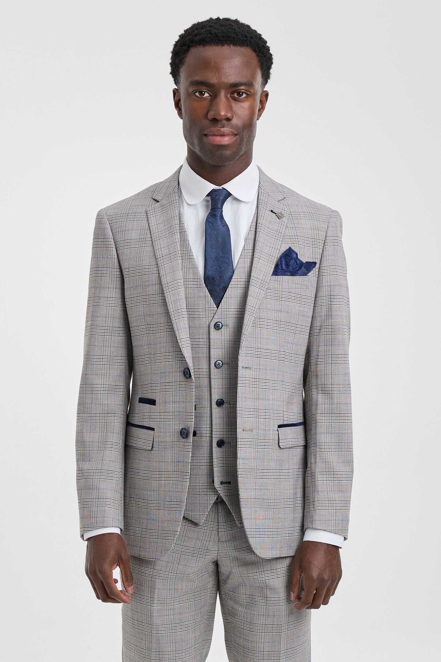 Hugo Men's Light Grey 3-Piece Suit with Navy Blue Check and Velvet Trims