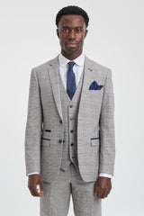 Hugo Men's Light Grey 3-Piece Suit with Navy Blue Check and Velvet Trims