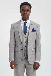 Hugo Men's Light Grey 3-Piece Suit with Navy Blue Check and Velvet Trims