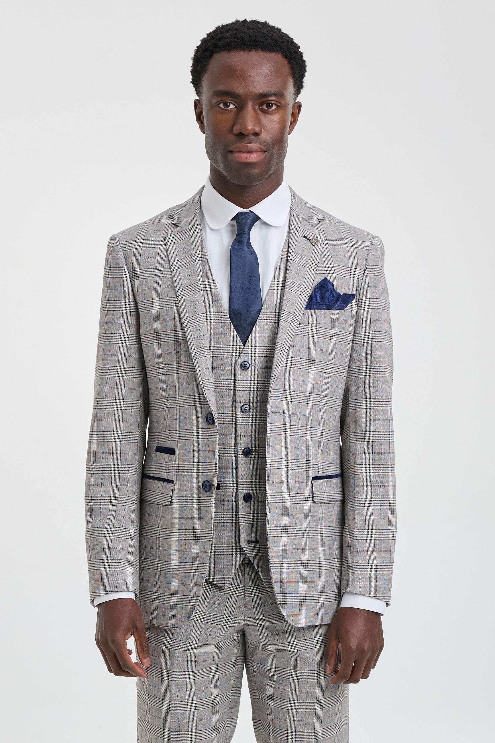 Hugo Men's Light Grey 3-Piece Suit with Navy Blue Check and Velvet Trims