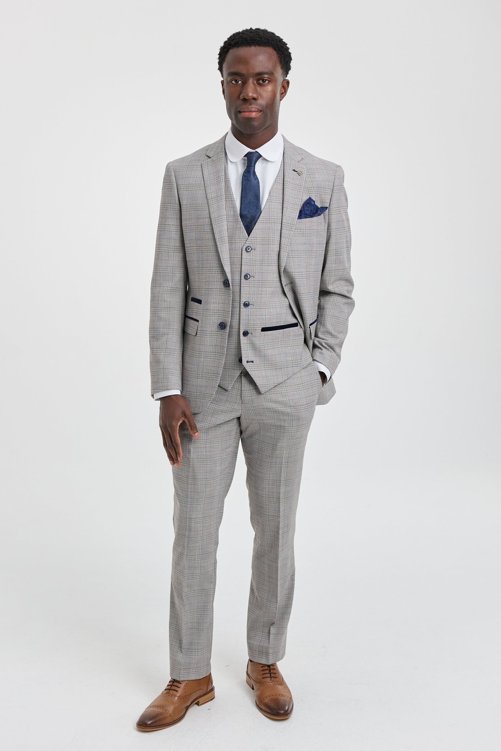 Hugo Men's Light Grey 3-Piece Suit with Navy Blue Check and Velvet Trims