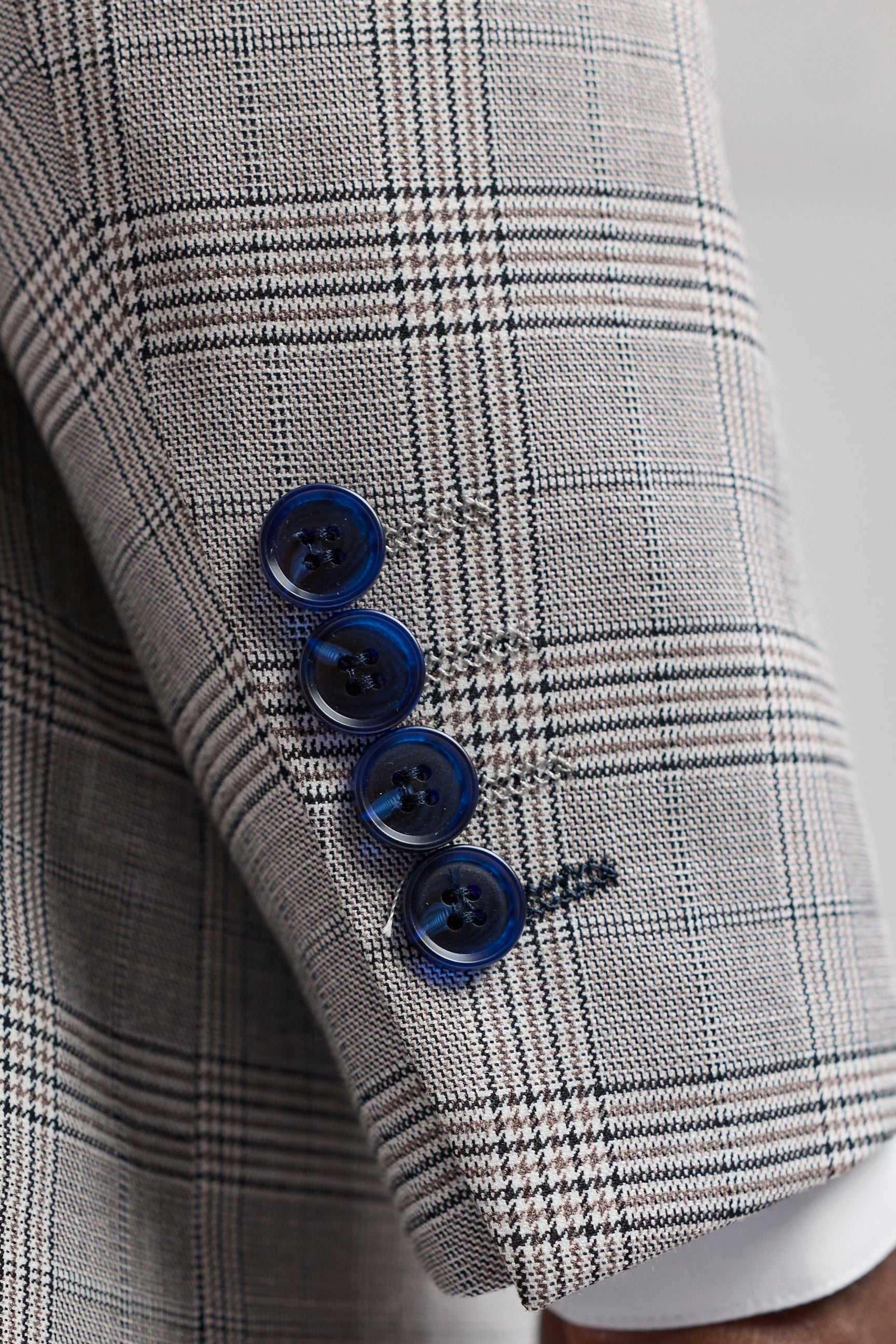 Hugo Men's Light Grey 3-Piece Suit with Navy Blue Check and Velvet Trims