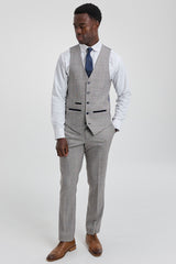 Hugo Men's Light Grey 3-Piece Suit with Navy Blue Check and Velvet Trims