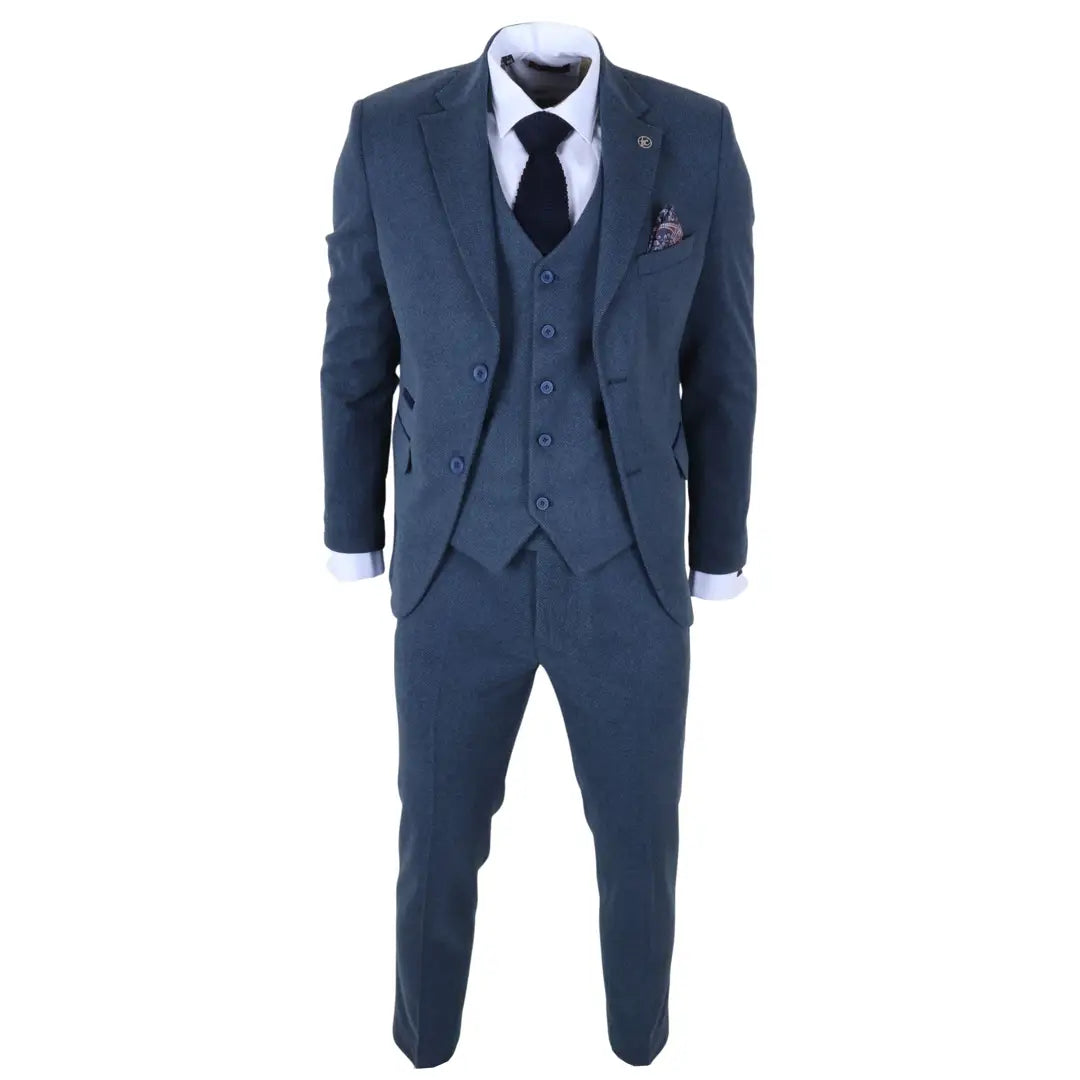 IM40 - Navy Blue 3 Piece Herringbone Tweed Suit for Men