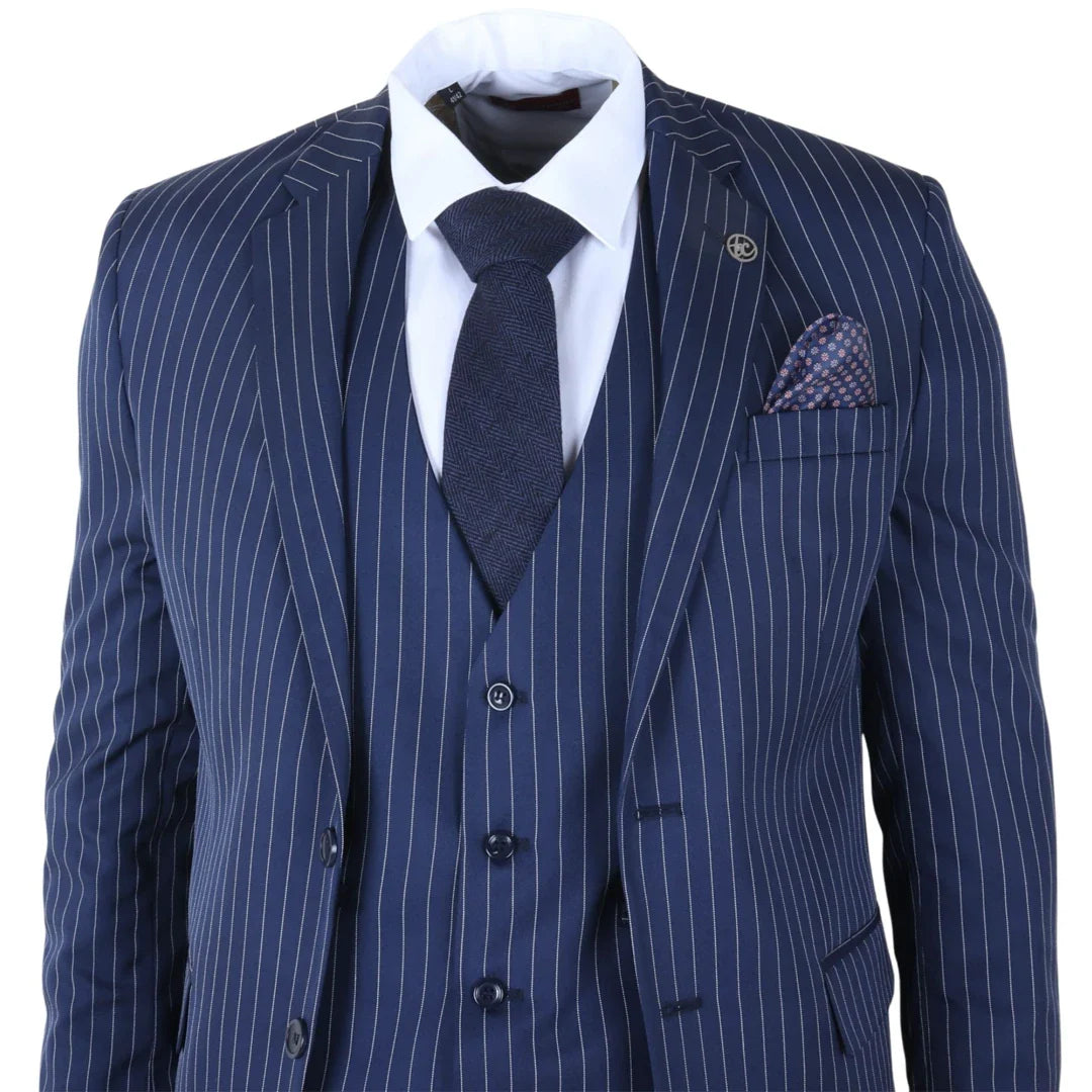 IM43 - Men's Pinstripe 3 Piece Navy Blue Shelby Style Suit