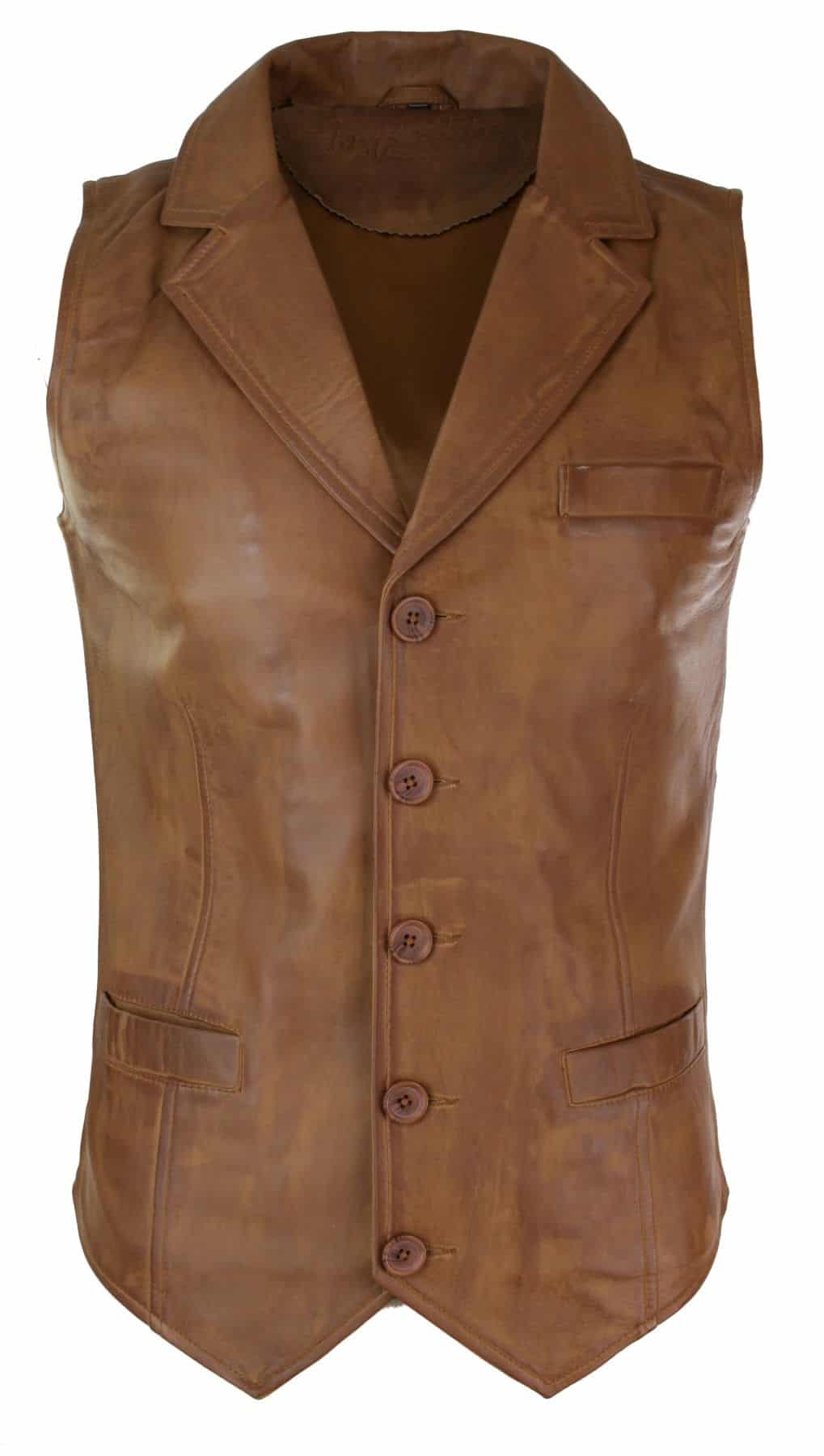 Mens Real Leather Tan Brown Black Smart Casual Gilet Waistcoat Vintage Retro-Tan