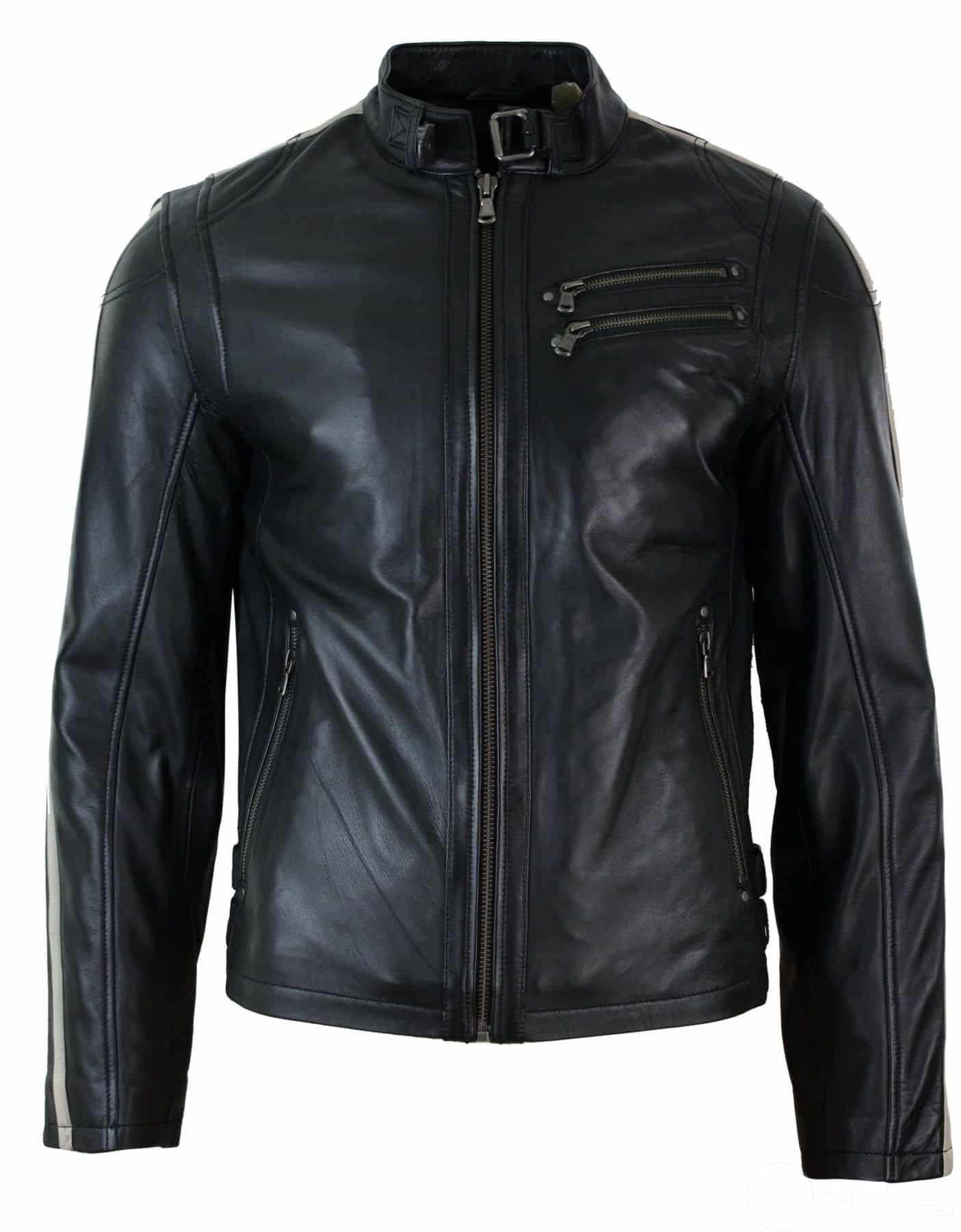 Real Leather Slim Fit Short Mens Biker Racing Jacket Stripes
