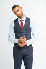 Mens 3 Piece Suit Pin Stripe Navy Classic Vintage Retro 1920s Tailored Fit Wedding