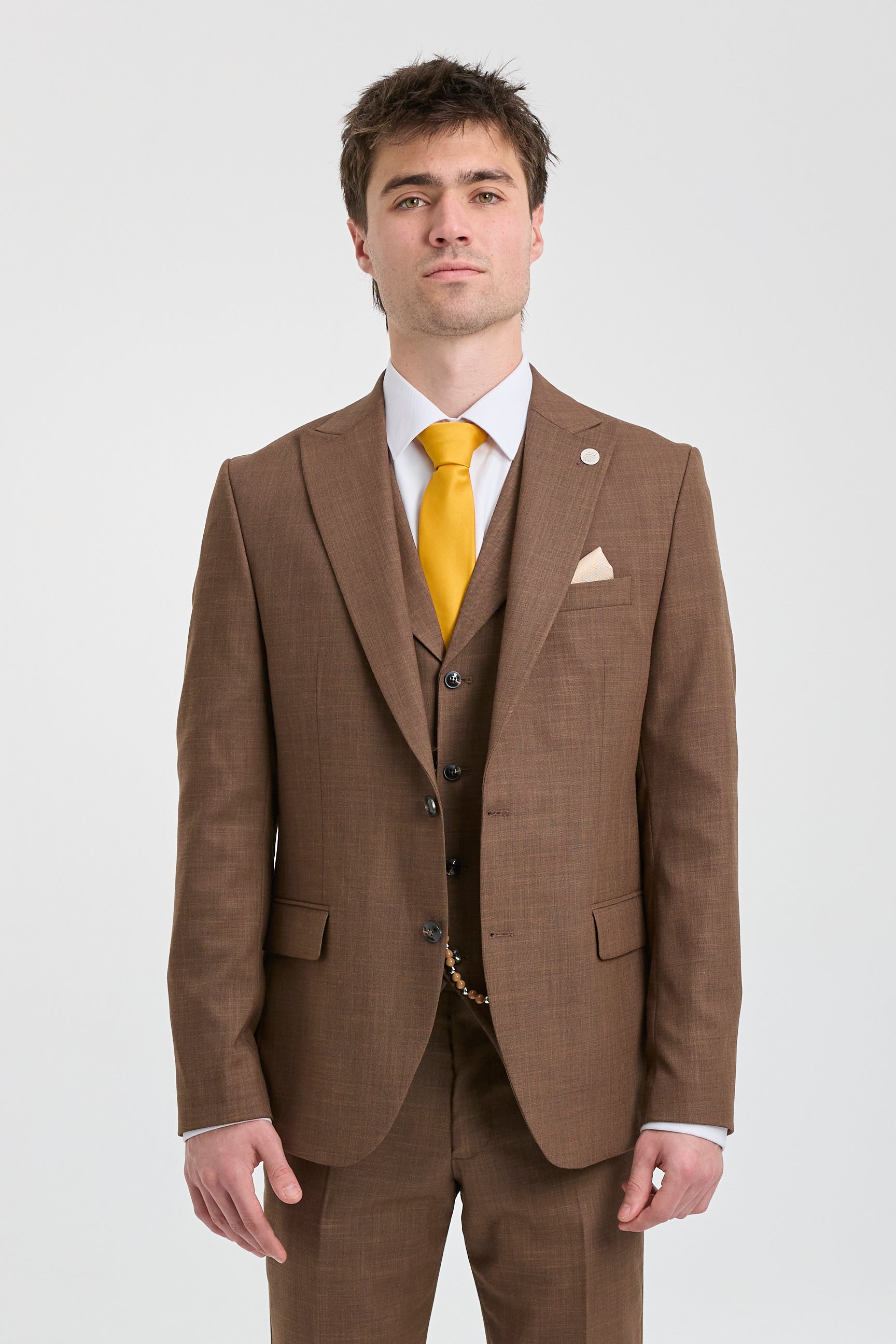James Men's 3-Piece Plain Brown Suit with Classic Fit