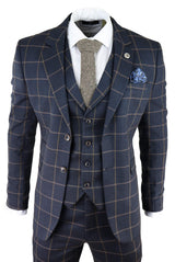 Mens Herringbone Tweed Check 3 Piece Wool Suit Peaky Blinders - Navy Blue