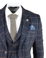 Mens Herringbone Tweed Check 3 Piece Wool Suit Peaky Blinders - Navy Blue