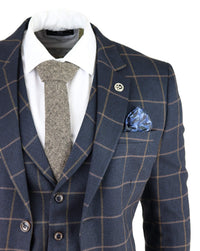 Mens Herringbone Tweed Check 3 Piece Wool Suit Peaky Blinders - Navy Blue