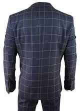 Mens Herringbone Tweed Check 3 Piece Wool Suit Peaky Blinders - Navy Blue