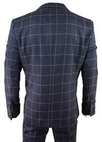 Mens Herringbone Tweed Check 3 Piece Wool Suit Peaky Blinders - Navy Blue